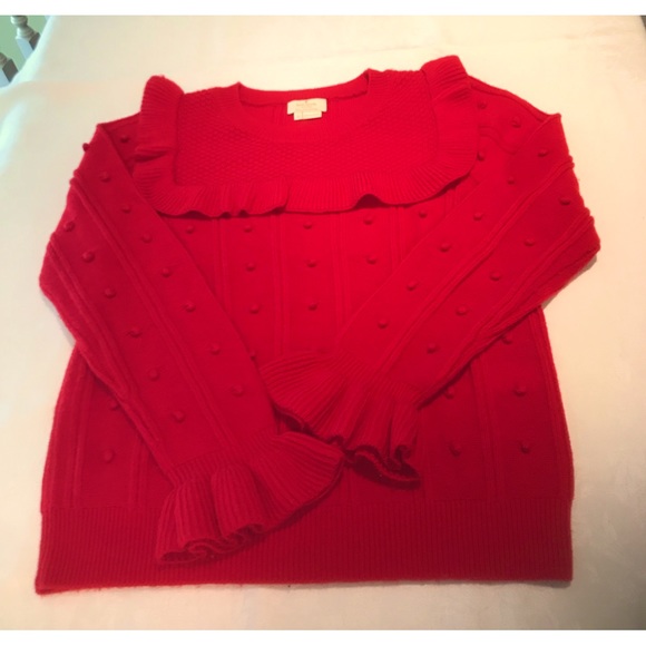 Kate Spade Red Wool Blend Ruffled Yoke Pom Pom Embellished Sweater - Picture 3 of 8